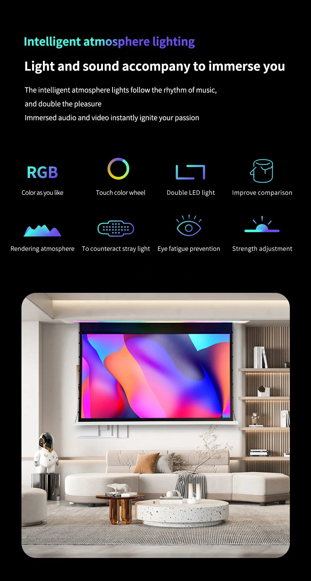 135" Multipurpose In-ceiling Projection Screen Sound-control Motorized Tab Tension Projector Screen With Smart Lights