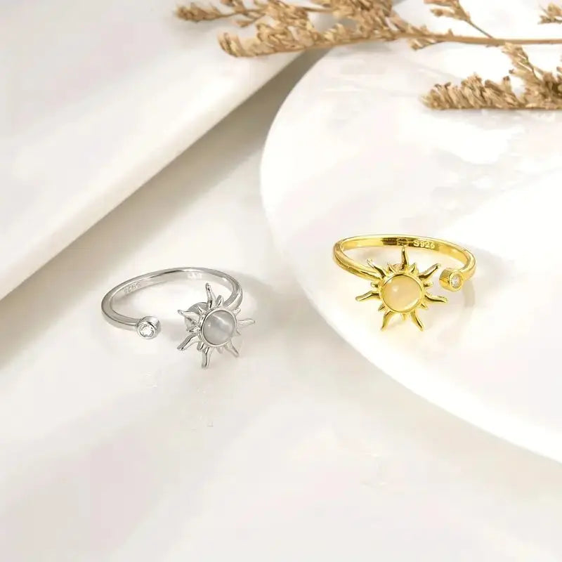 Fine Jewelry Rings Adjustable Opan Band 925 Sterling Silver Ring Moonstone Sunflower Rotating Fidget Design