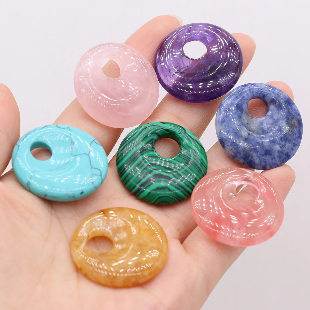 Natural Stone Pendant Semi-precious Stones Round Big Hole Charms For Jewelry Making DIY Necklace Bracelet Earrings Accessories