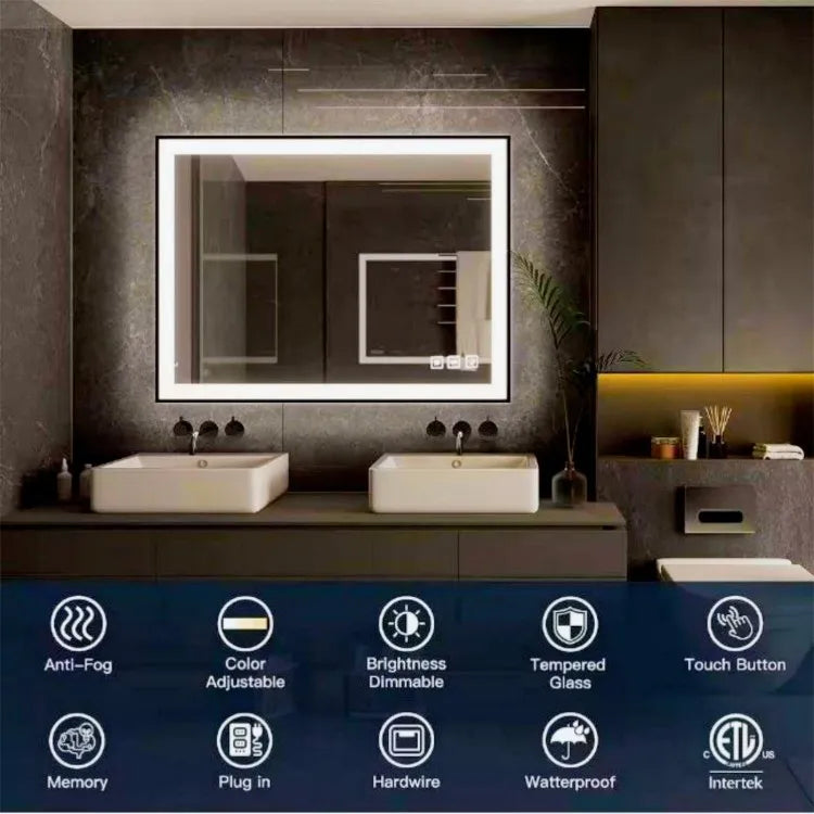 High-Quality Right Angle Black Frame Bathroom Mirror Featuring Front Back Illumination with Energy Efficient LED