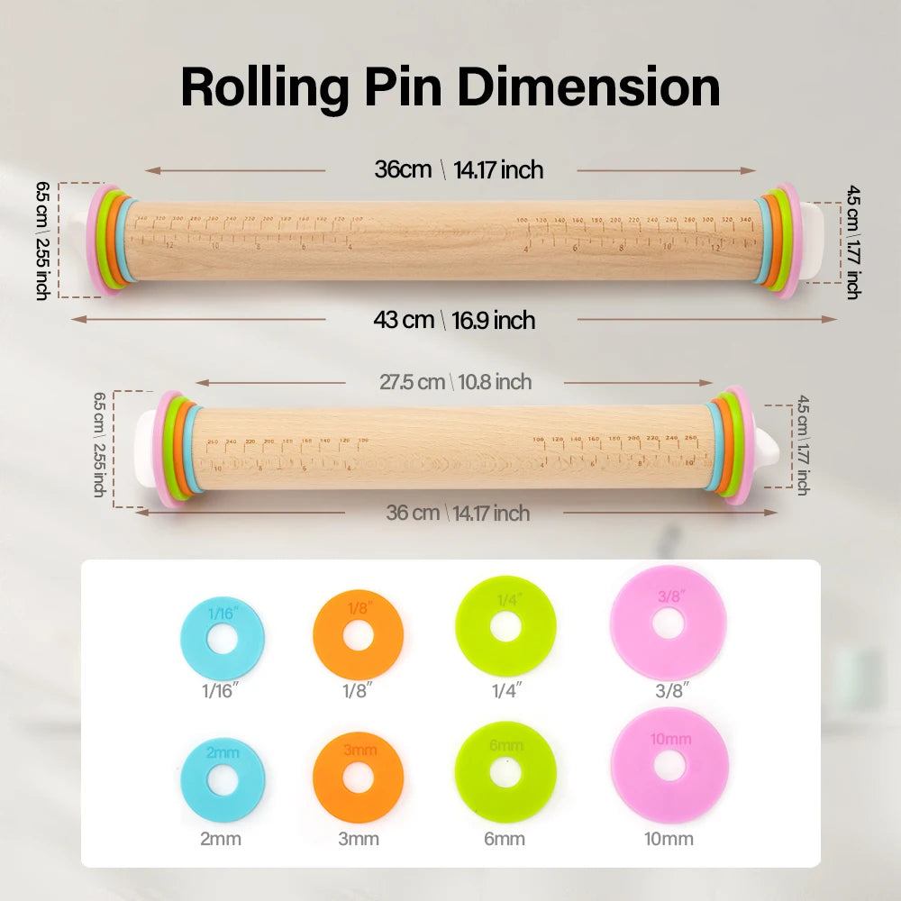14/17 Inch Adjustable Wooden Rolling Pin with 4 Thickness Rings Dough Roller Pins for Cookie Pastry Tools Cake Kitchen Gadgets