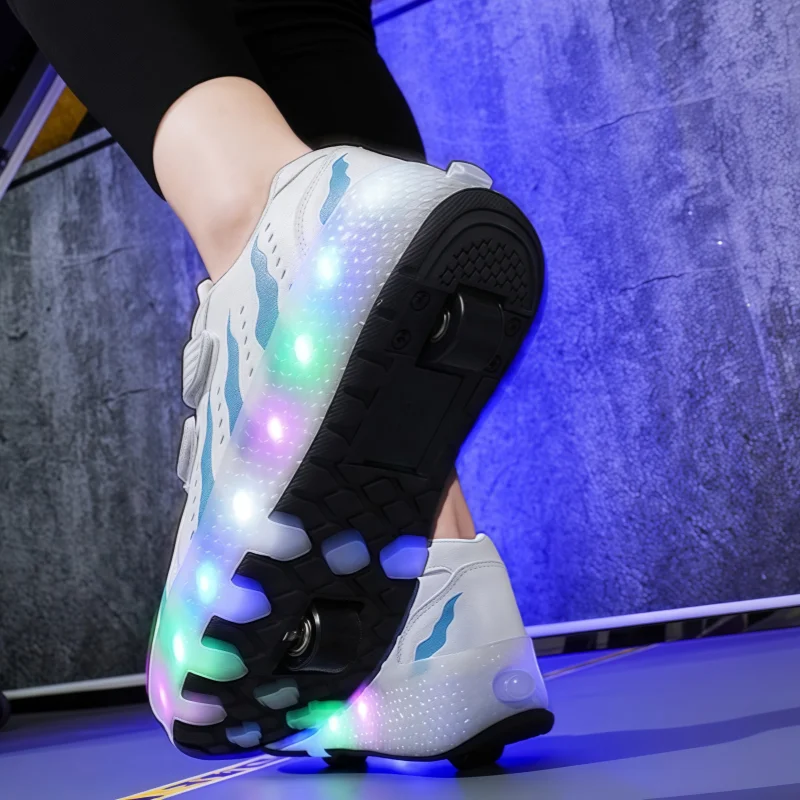 Ponerait Boys and Girls Sport Shoes LED Light Luminous Walking Shoes with Wear-Resistant Pulley Children's Two-Wheel Wearable
