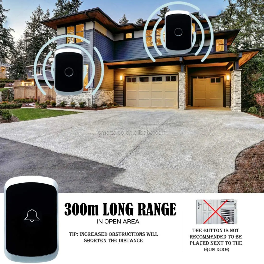 CD Quality Sound and LED Flash Mini Waterproof Wireless Doorbell Operating at Over 1000 Feet Wireless Door Bell