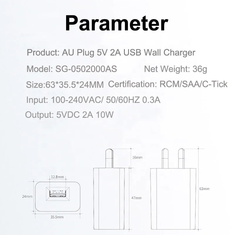 Premium RCM SAA C-Tick Certified Australia AU PLUG 5VDC 2A 10W USB Wall Travel Charger for All Mobile Phones