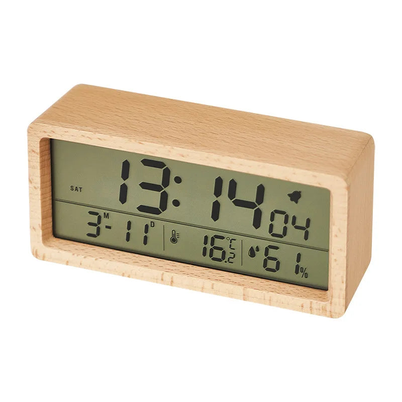 Huayang's New Solid Wood Clock With Simple Temperature And Humidity 1906 Night Light Bedside , Large Screen LCD Wooden Alar