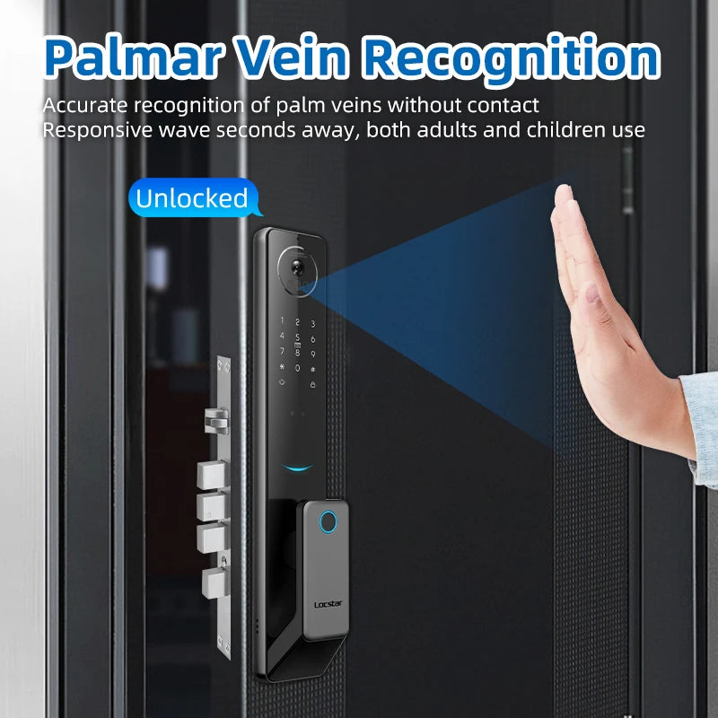 Locstar 3D Face Palm Vein Recognition Smart Fingerprint Digital Biometric Safe Tuya Wifi Door Lock With Camer and Doorbell