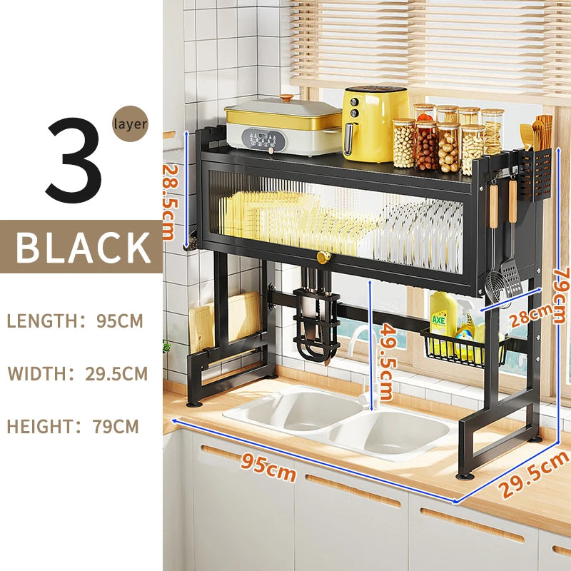 Over Sink Dish Drainer Drying Rack Removable 3 Tier Large Cutlery Shelf  with Dustproof Cover Kitchen Storage Counter Organizers