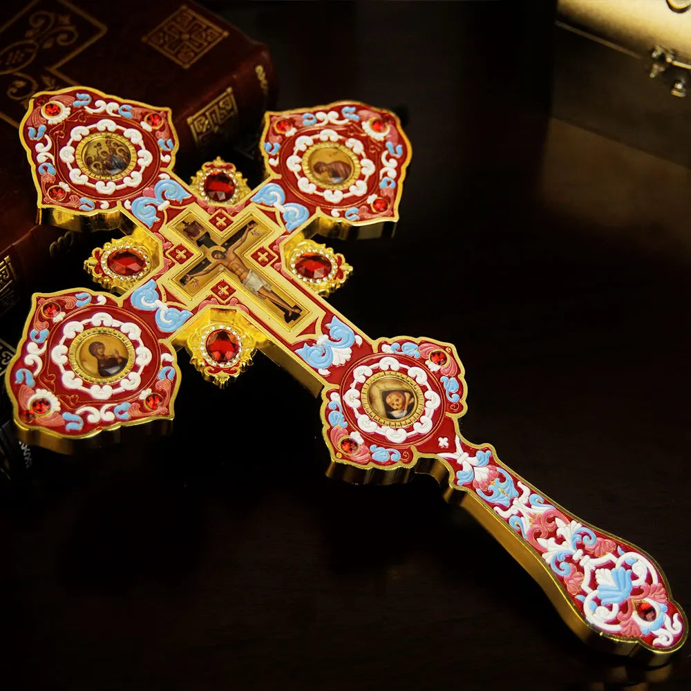 HT 2026 New Metal Cross Religious Jesus Icon Alloy Cross Standing Crucifix Decorative Orthodox Hand Cross Religious Gift