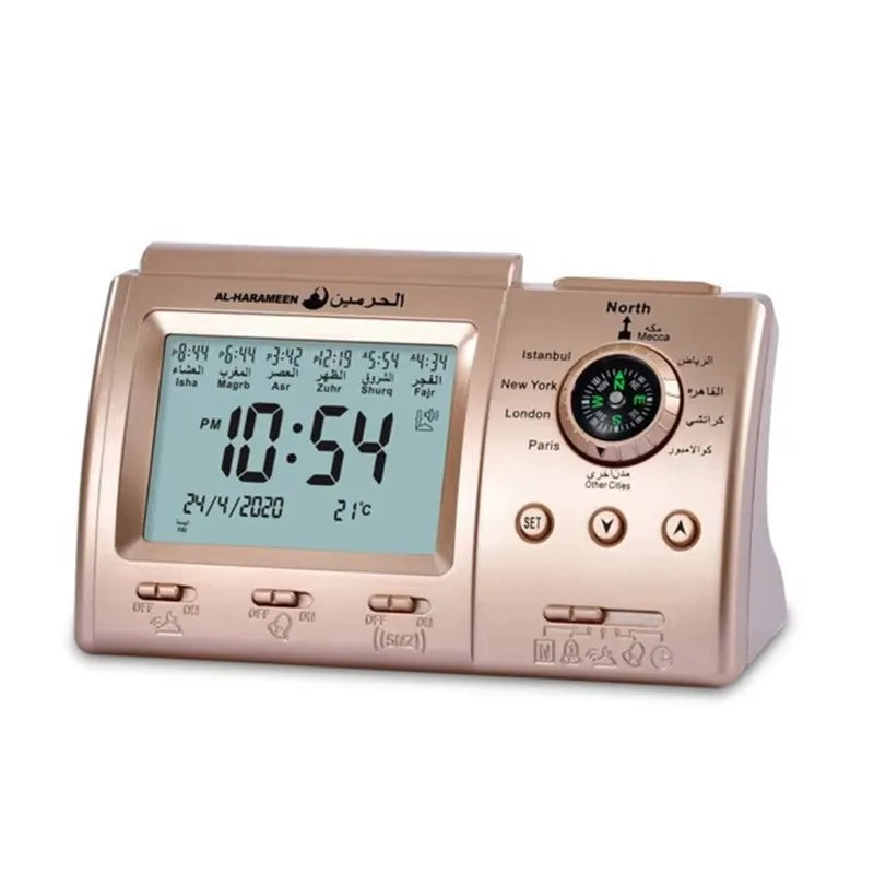 Muslim Tabletop Clock w Adhan Alarm Islamic Azan Time for Prayer Qiblah Direction Temp Display LED Light Hijir Calendar