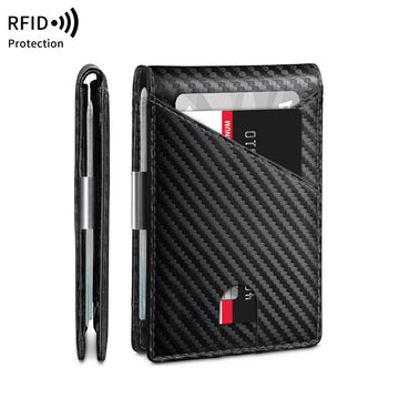 RFID Blocking Men's Carbon Fiber Pattern Wallet Minimally Thin Double Fold Credit Card Holder Portable Front Pocket Wallet