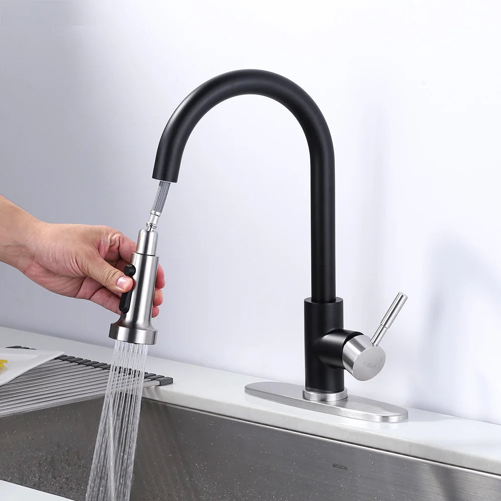 Single Level Stainless Steel Kitchen Sink Faucet with Pull Out Sprayer,for Laundry Rv Bar,Nickel Black Kitchen Mixer Tap