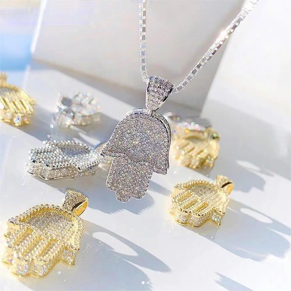 Hamsa Hand Pendant Collection Micro Pave 5a Cz Hip Hop Men Bling Lucky Turkish Jewelry Necklace