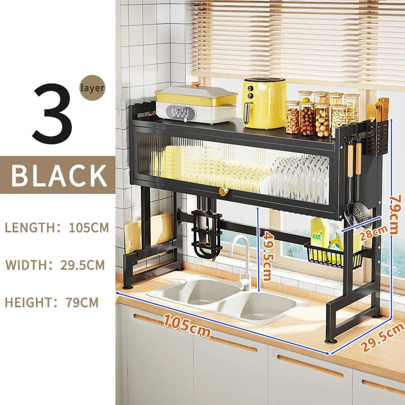 Over Sink Dish Drainer Drying Rack Removable 3 Tier Large Cutlery Shelf  with Dustproof Cover Kitchen Storage Counter Organizers