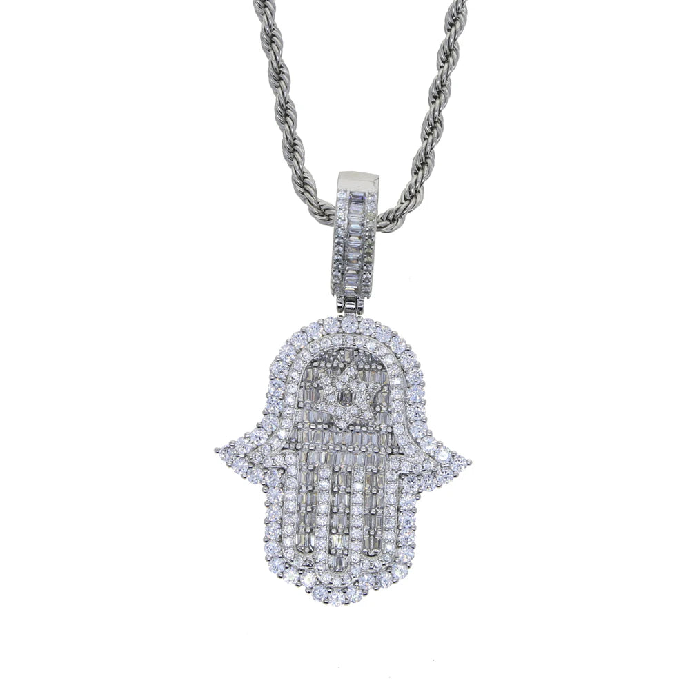 Hamsa Hand Pendant Collection Micro Pave 5a Cz Hip Hop Men Bling Lucky Turkish Jewelry Necklace