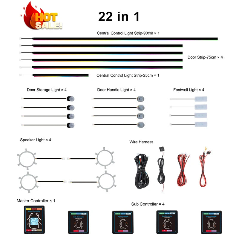 OEM Manufacturer Customizable RGB Dynamic Symphony Car Interior Light 18 / 22 in 1 Ambient Atmosphere LED Light Kit for Car