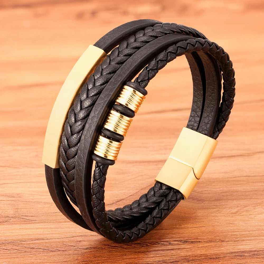 New Stainless Steel Black Multilayer Genuine Leather Bracelet for Men Magnetic Clasp Button Vintage Male Braid Bangle Jewelry