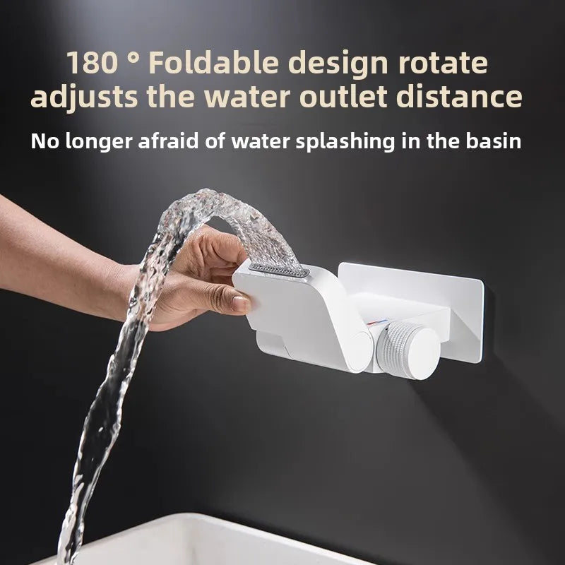 Intelligent Digital Display Concealed Bathroom Faucet Brass Wall-Mounted Folding Waterfall Hot Cold Basin Faucet Thermostatic