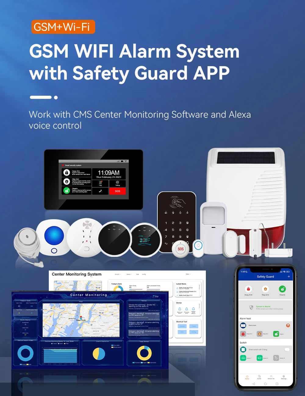 2026 Newest Tuya Smart Life  Golden Security 4.3 Inch Big Screen Gsm Wifi Alarm System with Burglar Alarm Feature Alexa Voice
