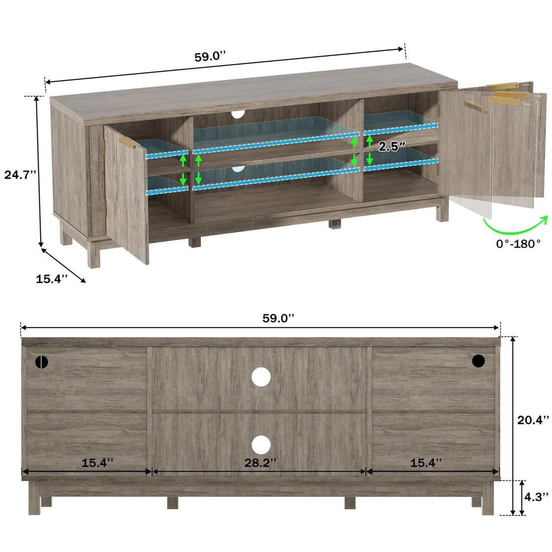 Fluted TV Stand,59'' TV Stands Entertainment Center with Storage Cabinet,Media TV Console Table for Living Room (Grey)