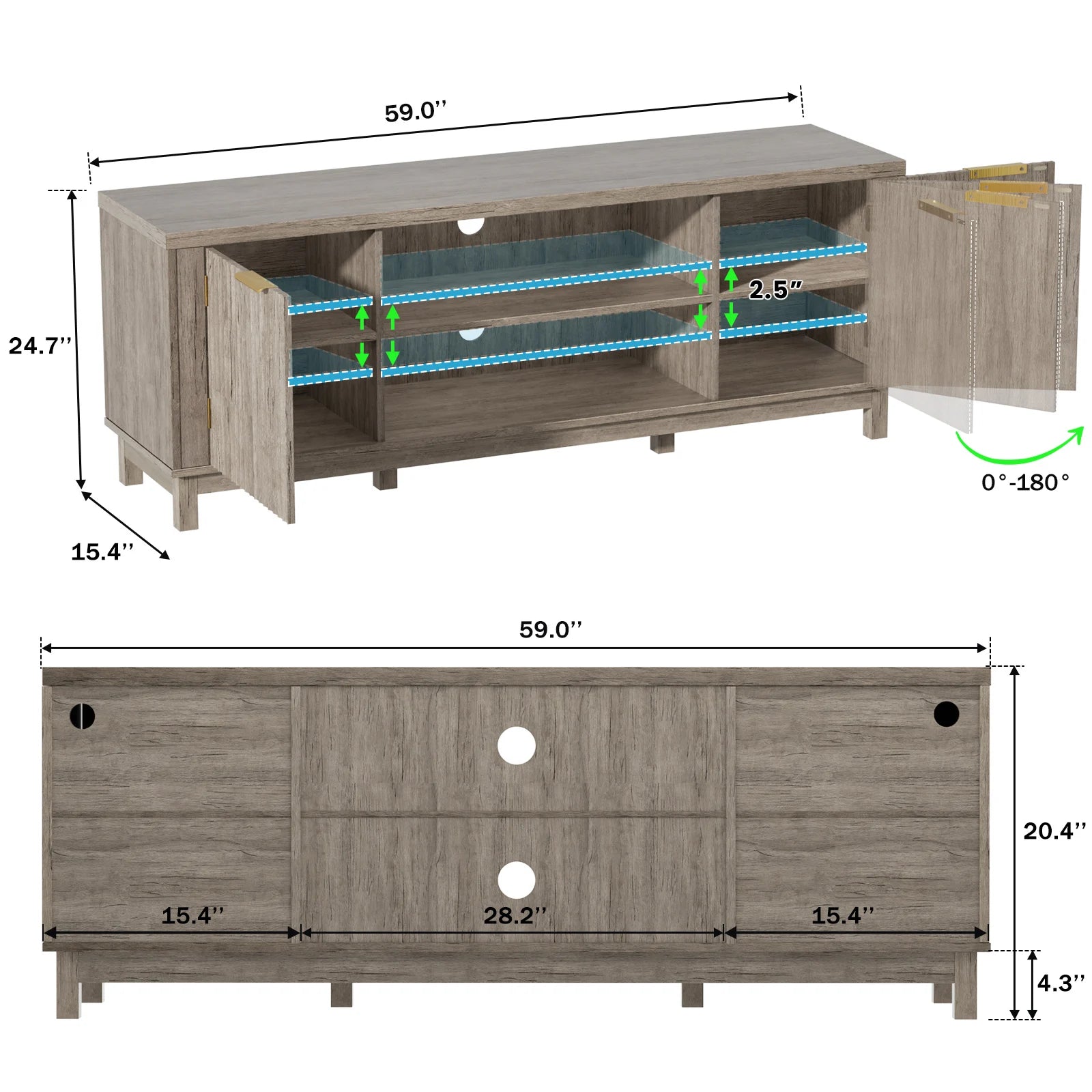 Fluted TV Stand,59'' TV Stands Entertainment Center with Storage Cabinet,Media TV Console Table for Living Room (Grey)