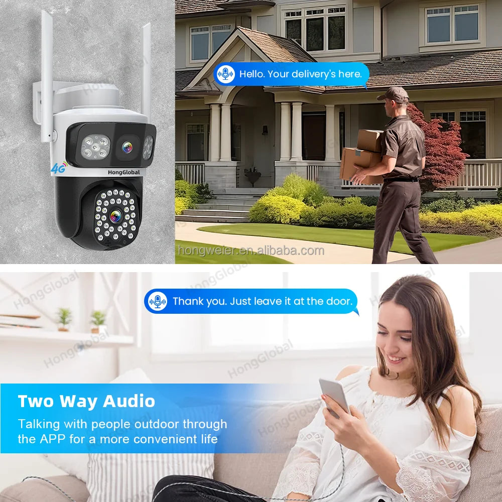 HongGlobal 6MP 3 Screen 4G LTE Surveil Home Smart Security Camera Eseecloud Dual Lens 4G Sim Card CCTV Outdoor Wireless Camera