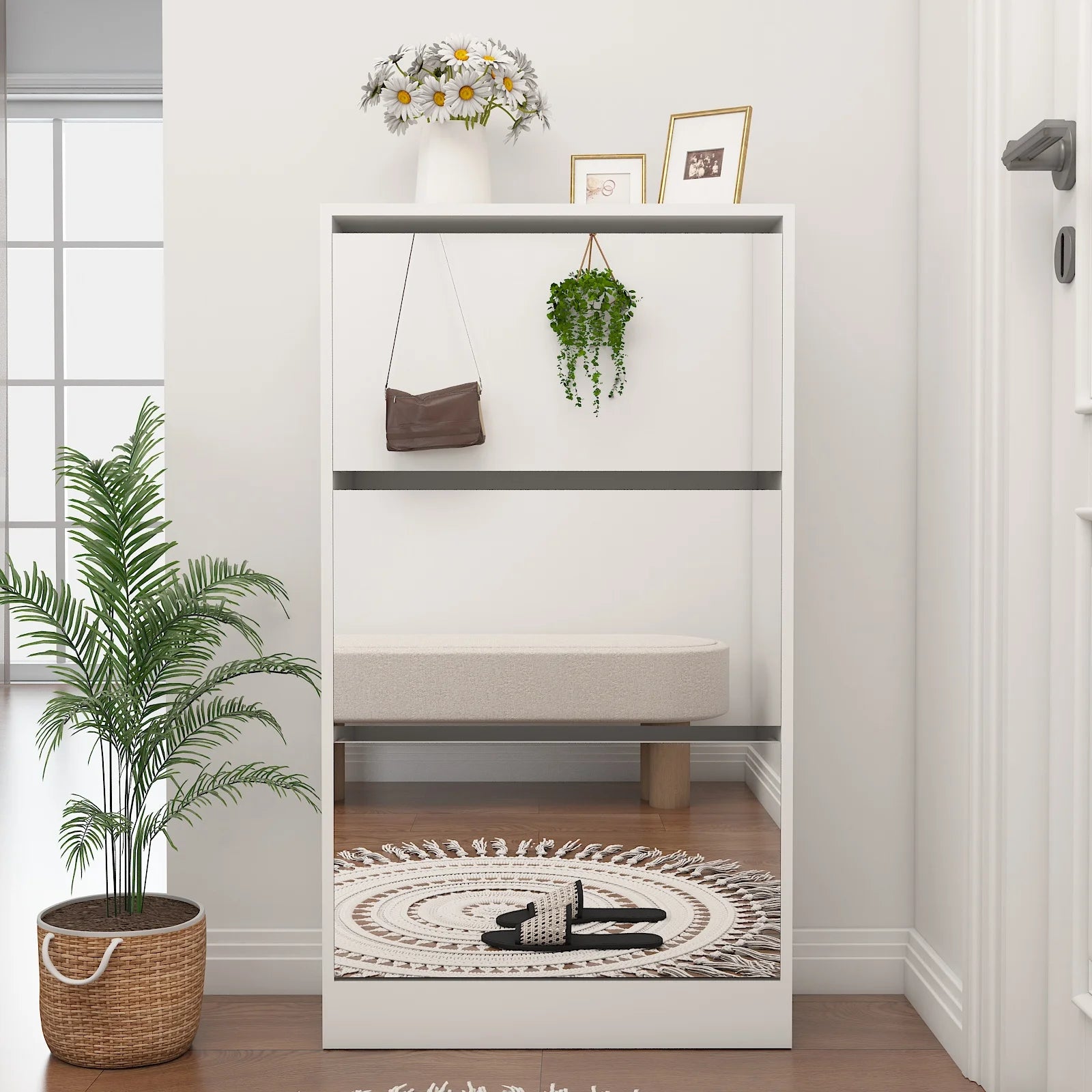 Modern Narrow Convertible Shoe Storage Cabinet Mirror MDF+Glass Slim 3-Tier Shoe Rack for Living Room Apartment Home Furniture