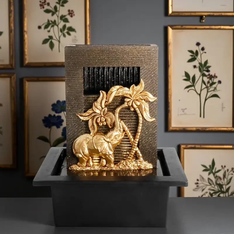 Indoor Elephant Desktop Fountain and Waterfall, Golden Elephant Waterfall Decoration, Perfect for Home Display on TV Stands