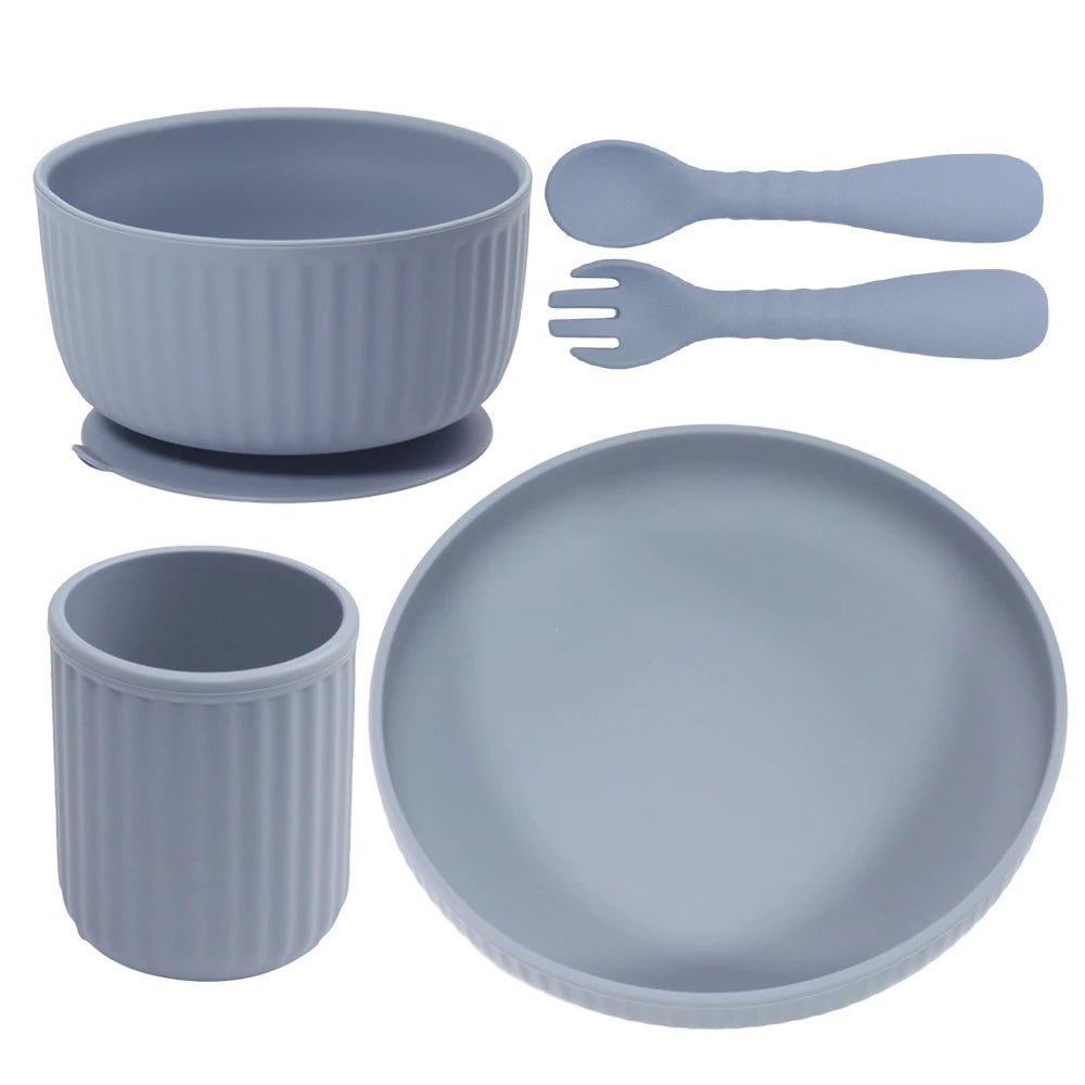 Unbreakable Microwave Safe Slip Resistant Flexible Silicone Baby Toddler Plate Suction Bowl Spoon and Fork Feeding Set