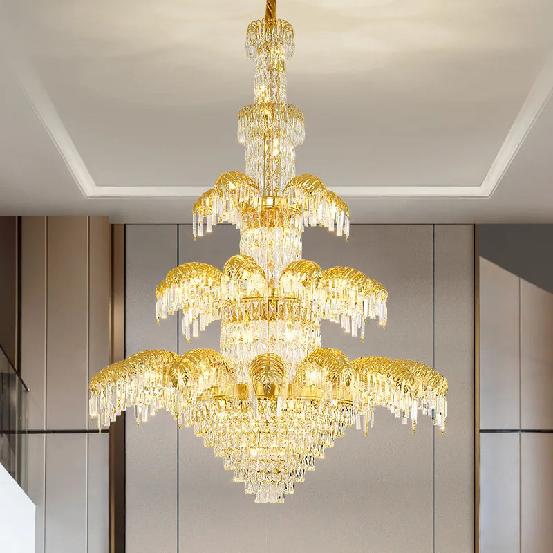 Large Classical 2 Layers Palm Tree Brass and Crystal Chandelier for Hotel