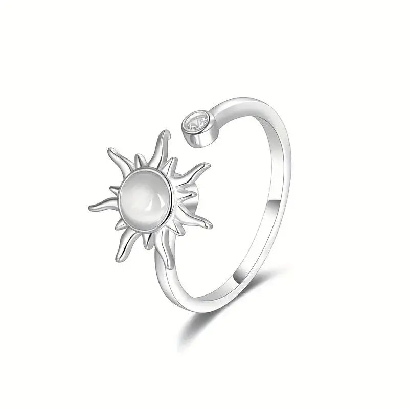 Fine Jewelry Rings Adjustable Opan Band 925 Sterling Silver Ring Moonstone Sunflower Rotating Fidget Design