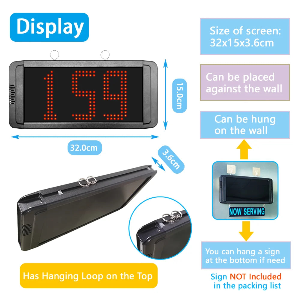 Wireless Queue Calling System Take a Number Machine 3-Dight Now Serving Number with Voice Prompt for Restaurant Hospital
