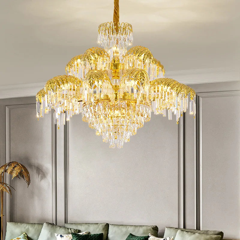 Large Classical 2 Layers Palm Tree Brass and Crystal Chandelier for Hotel