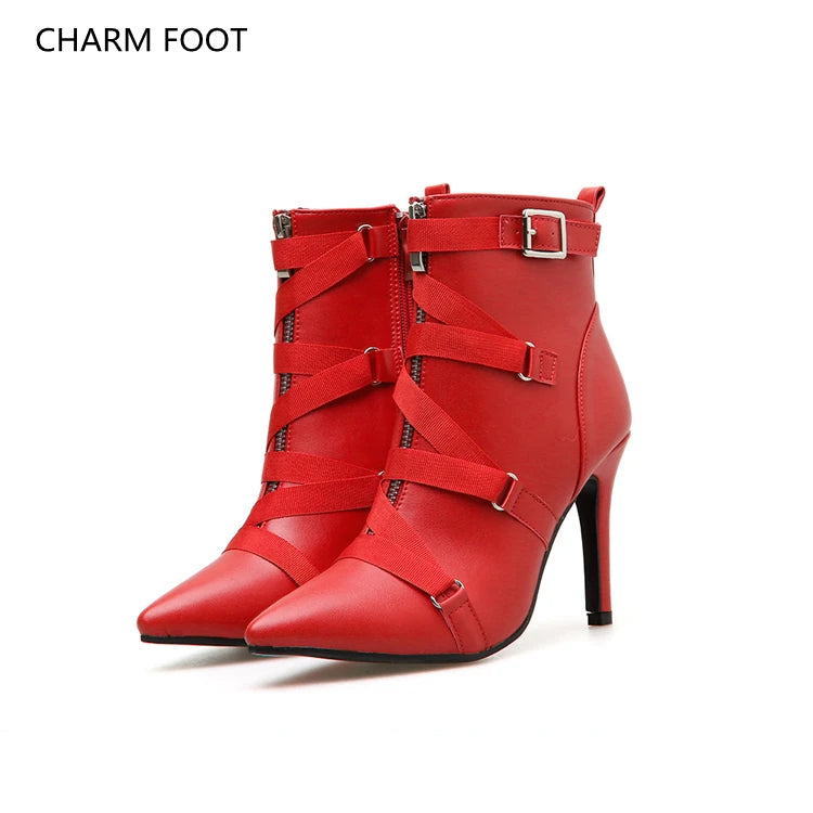 Cross Border European and American Model sharp Scalp Buckle High Heel Women's Boots Large Size Fashion Personality