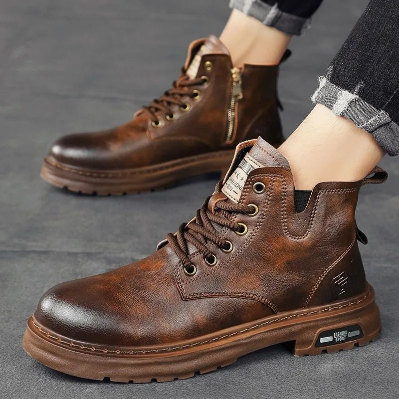 New for Martin Boots for Men Retro Casual Pu Shoes With Autumn Winter Fleece Cotton Versatile Personality