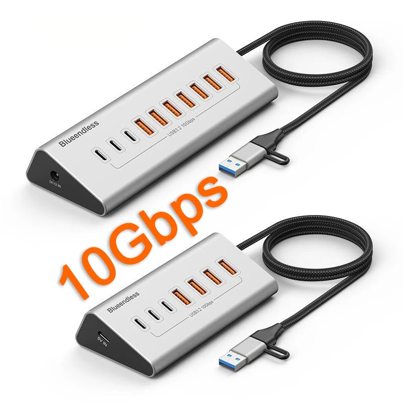 Aluminium 10Gbps USB-A 10Gbps USB-C Hub 7-Ports 10-Ports Data Sync USB3.2 USB 3.2 Type C Hub Splitter 12V/3A Power Adapter