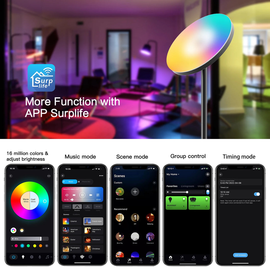 RGBIC Modern Design RGB LED Floor Standing Lamp for Home Decor Corner Color-Changing with APP & Remote Control PC Body