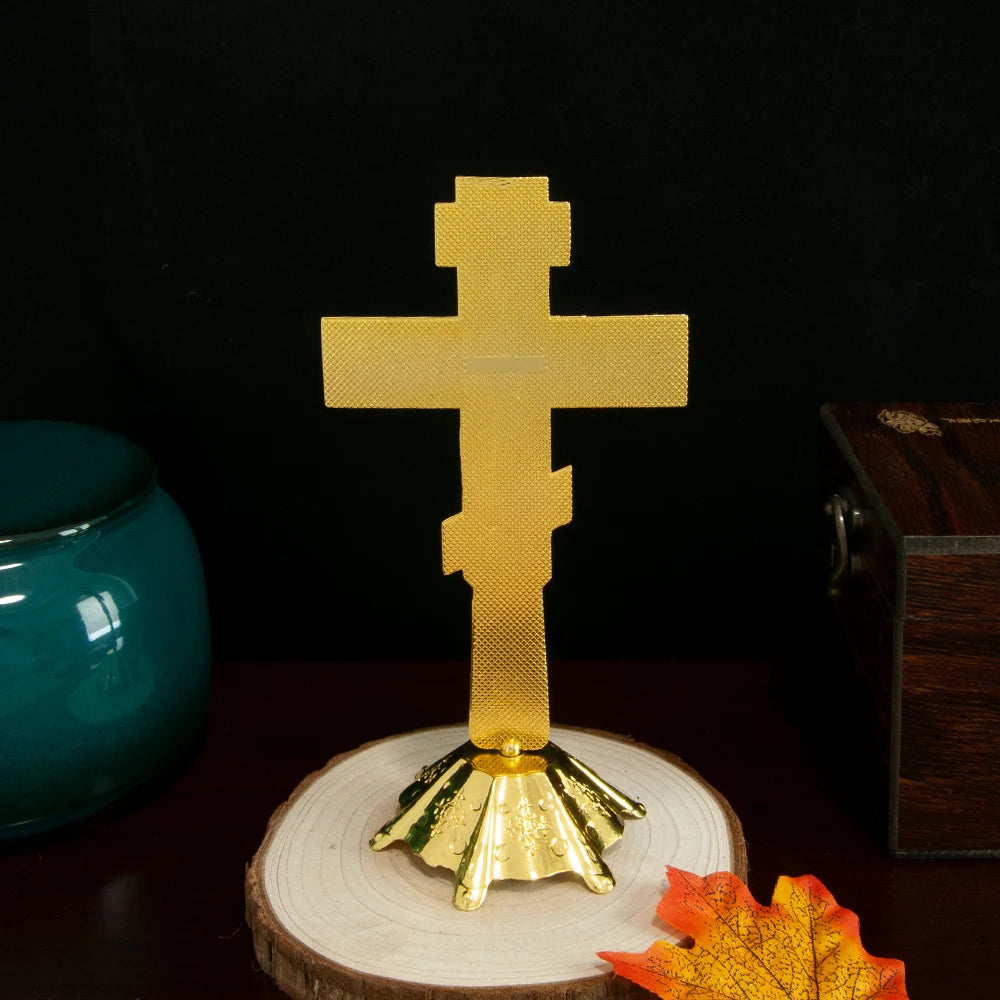 Orthodox Church Blessing Cross With Stand for Church Decoration Gold Planting Jesus Crucifix Image Religion Gift Altar Cross