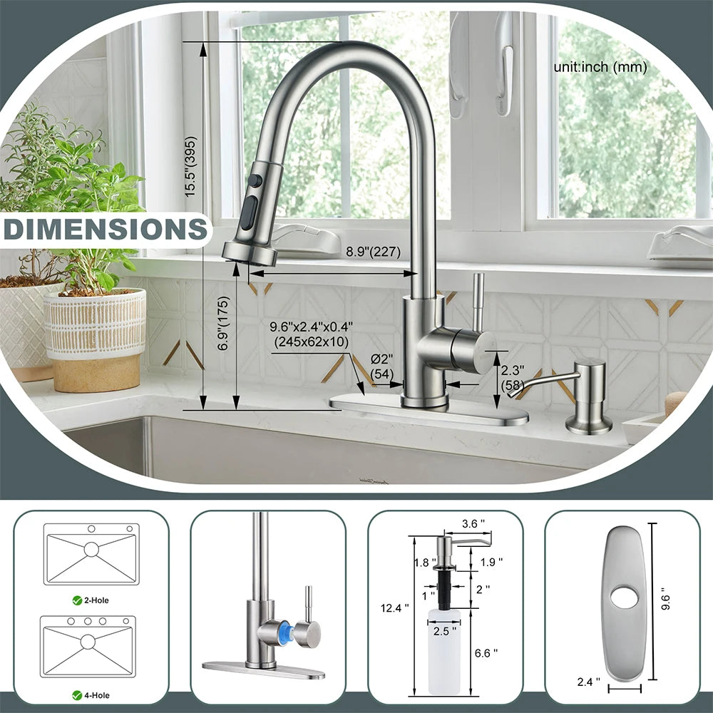 Modern Kitchen Faucet with Soap Dispenser,Nickel Kitchen Mixer Tap Stainless Steel Sink Faucet for Sink RV Laundry Bar
