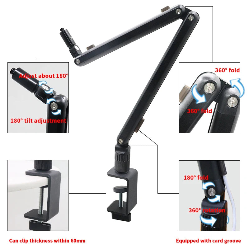 Professional Podcast Desk Microphone Mounts for Studio With Roundable Microphone Gaming Stand and Flexible Clamp Design