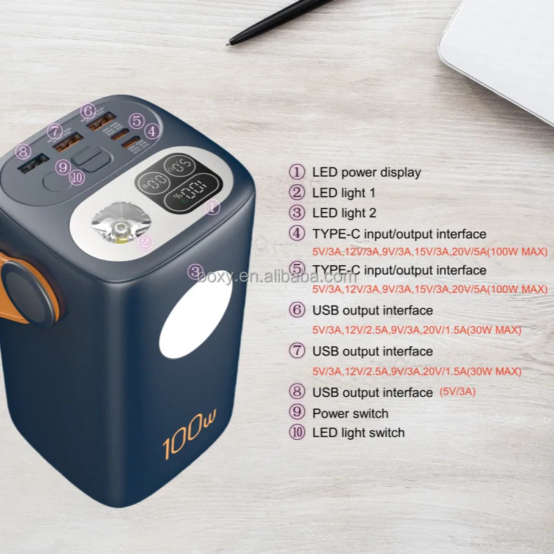 Portable 100W+30W PD+QC Outdoor Laptop Power Bank With Light Large Capacity Super Fast Charging Power Banks 60000mAh for Laptops