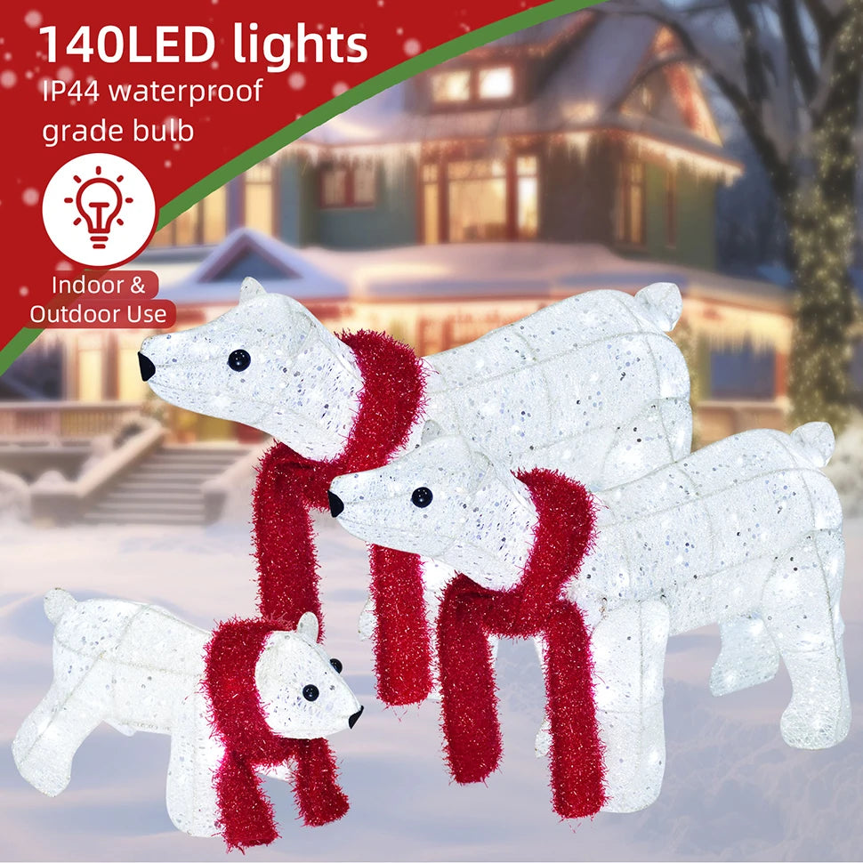 Christmas decorative lights - white glowing polar bear set - indoor and outdoor, for use on lawns and gardens