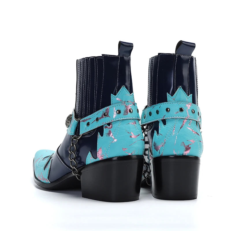 NA444 Personality Men's Genuine Leather Ankle Boots for Party and Wedding Botas Hombre High Heels Blue Navy Boots for Men