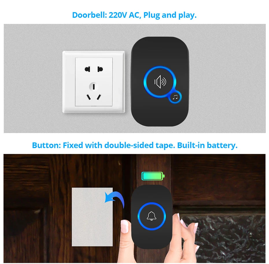 Fuers Wireless Smart Doorbell Home Security Alarm Welcome Doorbell LED Light 32 Songs with Waterproof Button easy Installation
