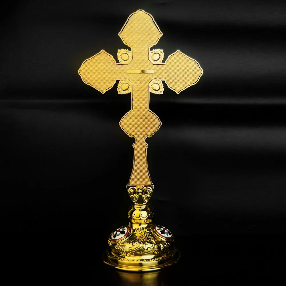 HT 2026 New Metal Cross Religious Jesus Icon Alloy Cross Standing Crucifix Decorative Orthodox Hand Cross Religious Gift