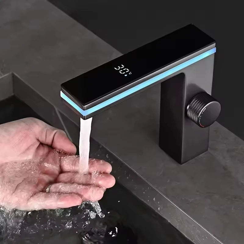 Contemporary Single-Hole LED Ambient Light Bathroom Basin Durable Single Handle Ceramic Valve Intelligent Temperature Display