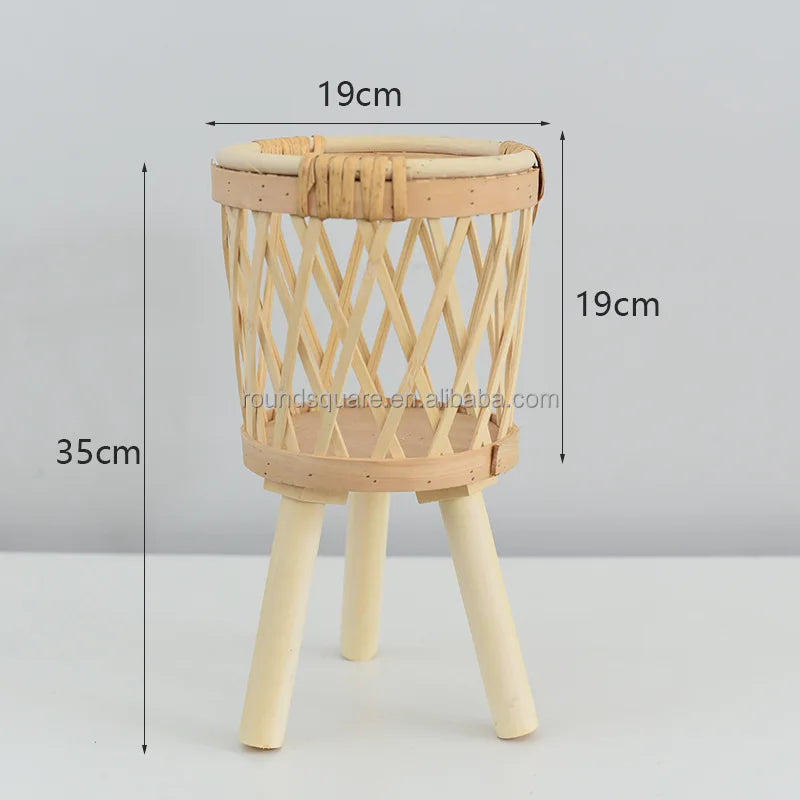 RTS Bamboo Woven Flower Pot Wood Plant Stand Wicker Rattan Plant Basket for Home Decor Balcony Living Room Functional Floor Vase