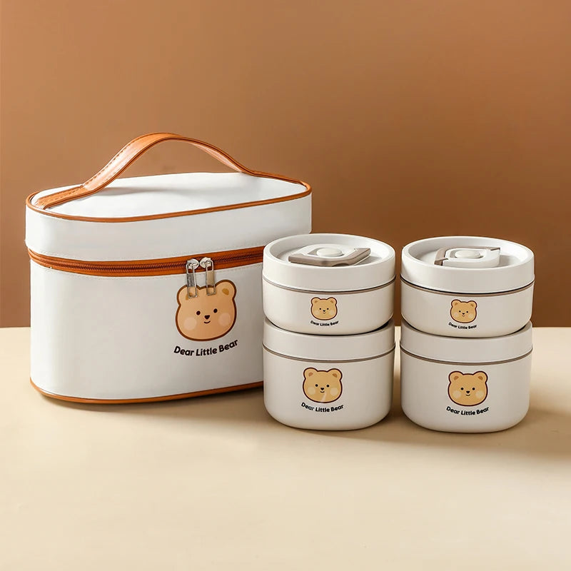 Cute Kid-Sized School Lunch Box Portable 304 Stainless Steel Vacuum Soup Container with Insulated Bag for Hot Food Storage
