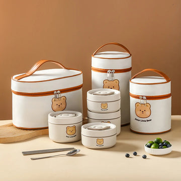 Cute Kid-Sized School Lunch Box Portable 304 Stainless Steel Vacuum Soup Container with Insulated Bag for Hot Food Storage