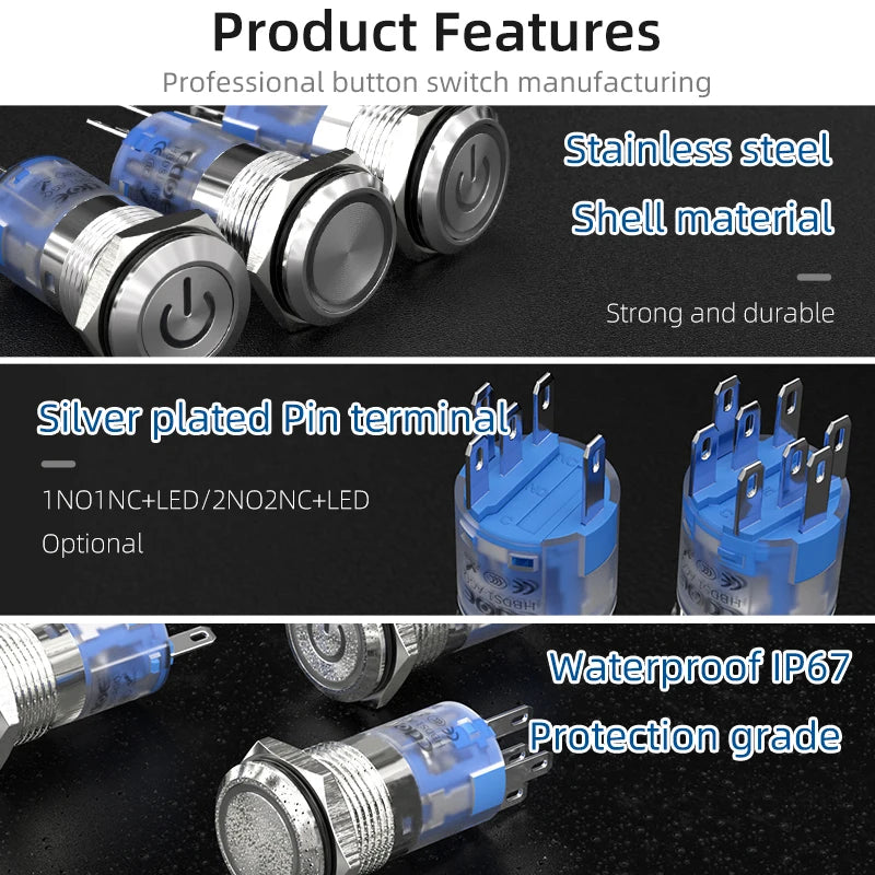 Push Button Switches 16mm 19mm Momentary DC12V AC220V Red Blue Led Illuminated Industry Control Equipment Cnc Metal Push Button