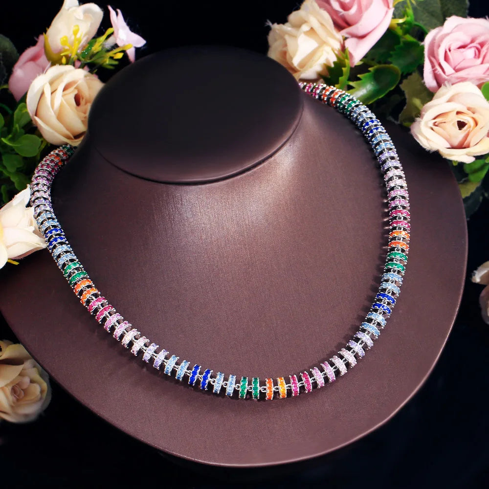 Luxury Zircons Super Luxury Chunky Colorful Cubic Zircon Paved Round Tennis Chain Iced Out CZ Necklace for Women Jewelry